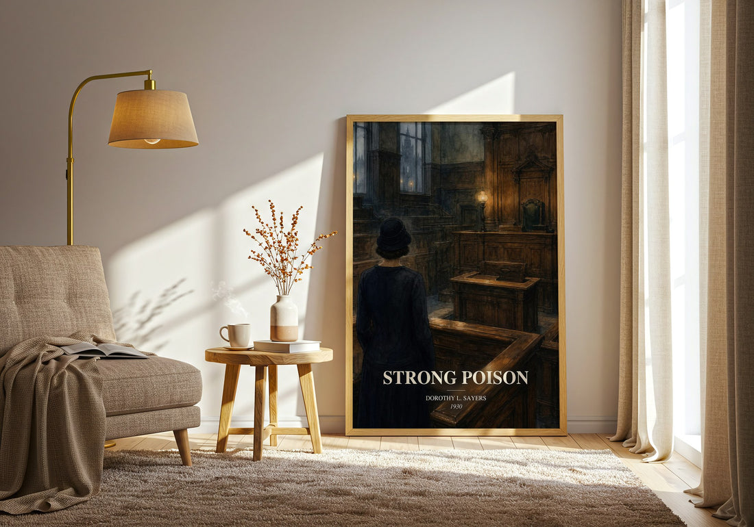 Strong Poison watercolour print in frame leaning in hallway – mystery wall art (mockup)