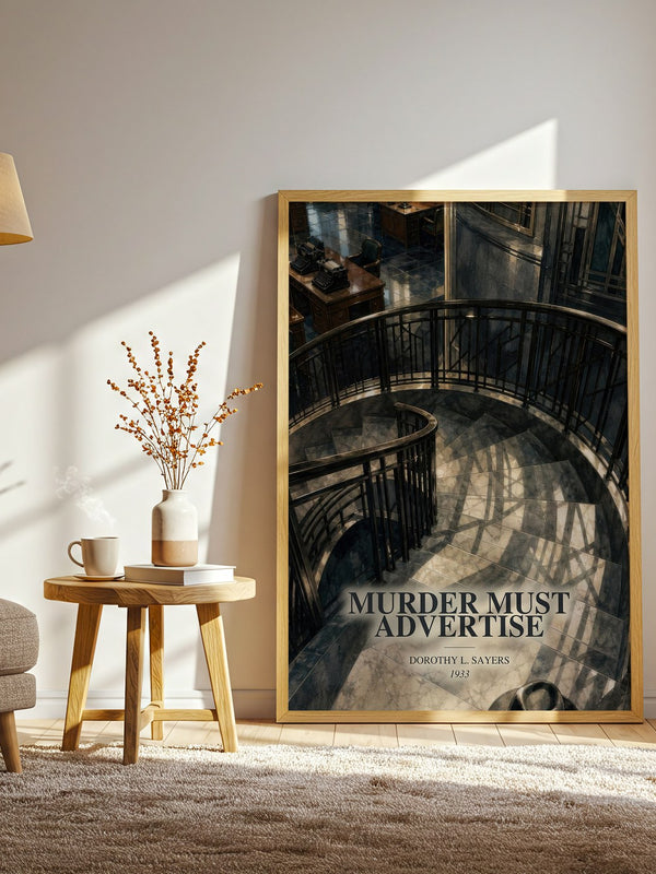 Murder Must Advertise watercolour print in frame leaning in hallway – mystery wall art