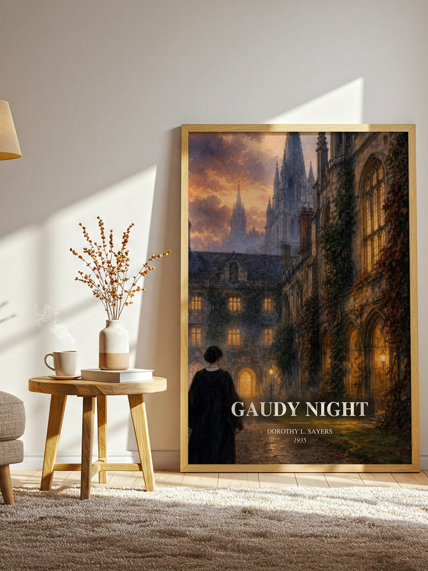 Gaudy Night watercolour print in frame leaning in hallway – mystery wall art