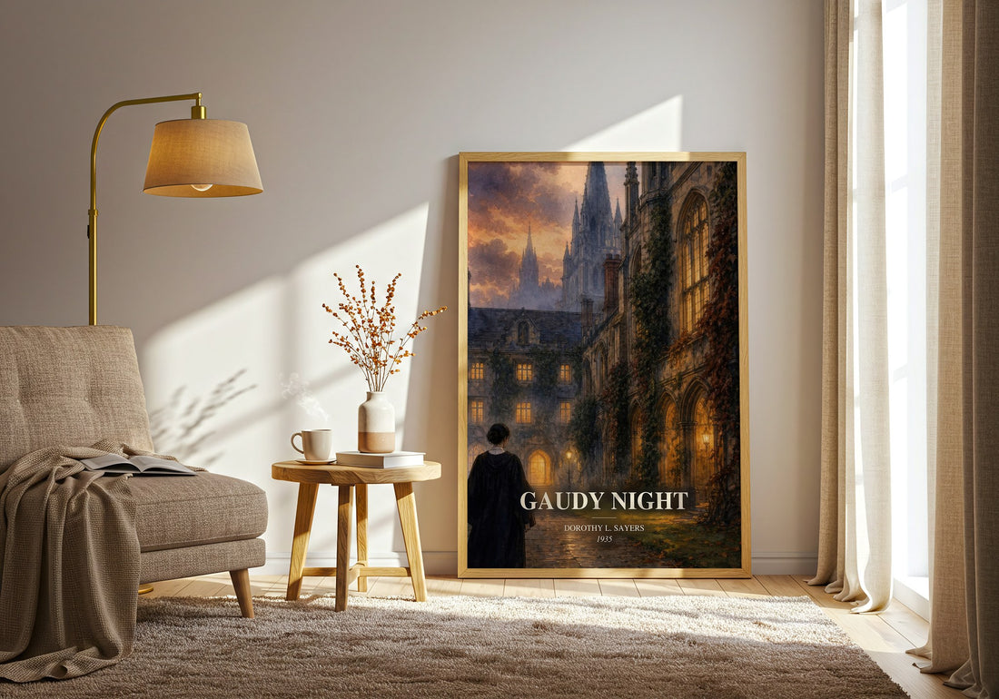 Gaudy Night watercolour print in frame leaning in hallway – mystery wall art (mockup)