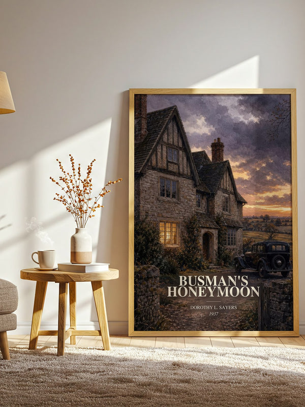 Busman's Honeymoon watercolour print in frame leaning in hallway – mystery wall art