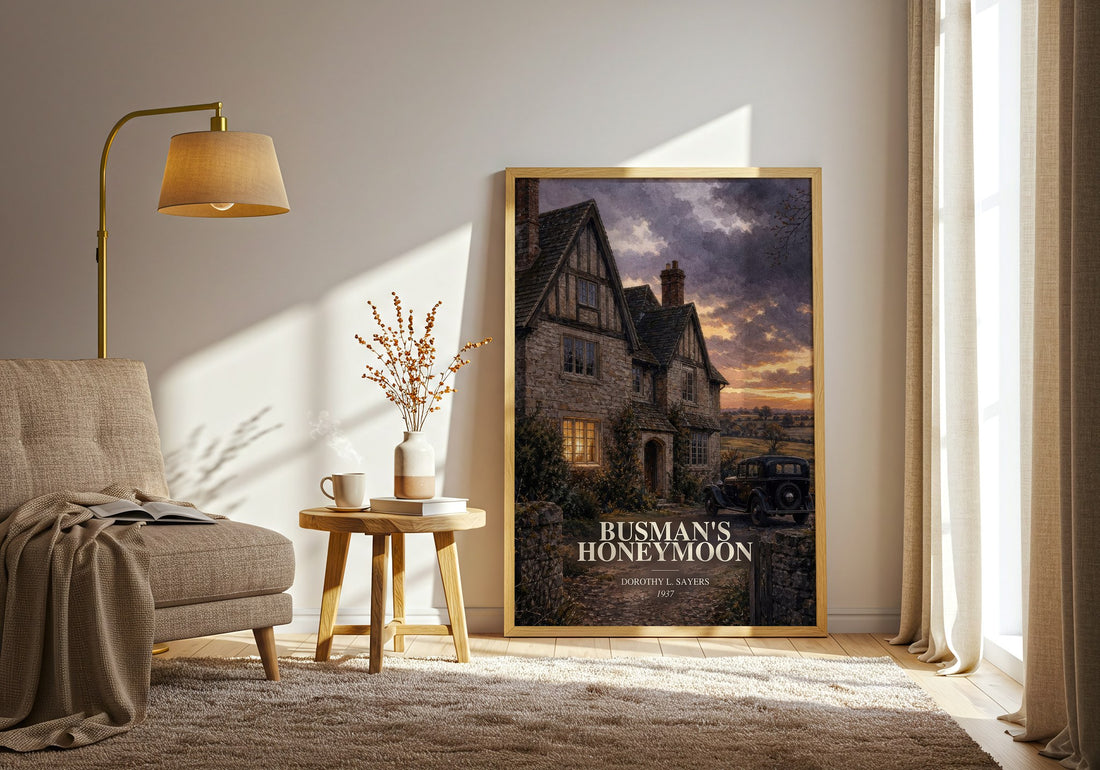 Busman's Honeymoon watercolour print in frame leaning in hallway – mystery wall art (mockup)