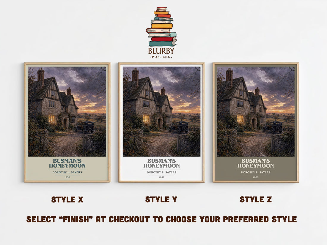 Busman's Honeymoon book cover print in frame leaning in hallway – mystery wall art (mockup)