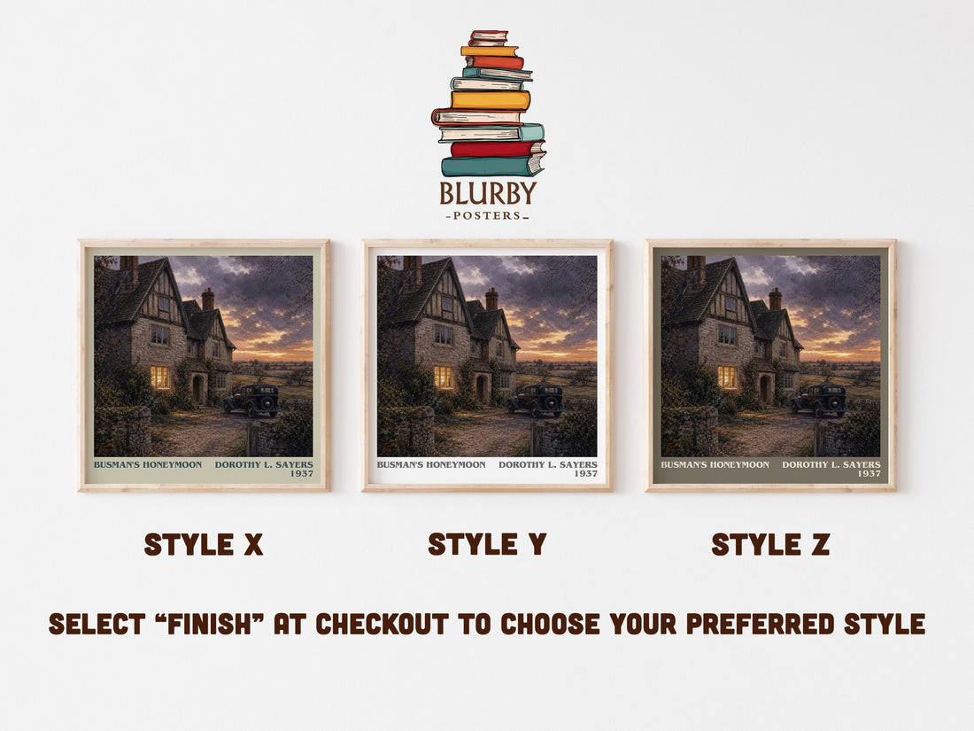 Busman's Honeymoon literary print in frame leaning in hallway – mystery wall art (mockup)
