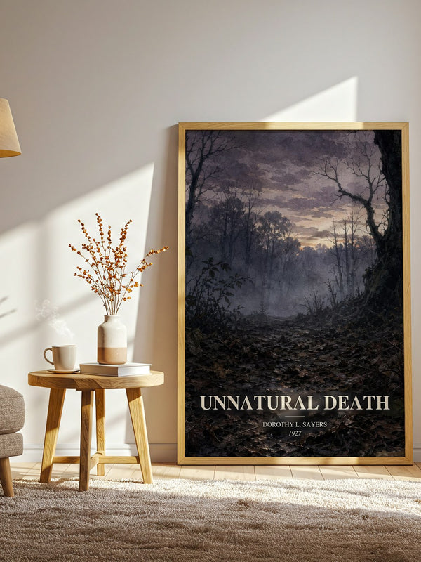 Unnatural Death watercolour print in frame leaning in hallway – mystery wall art