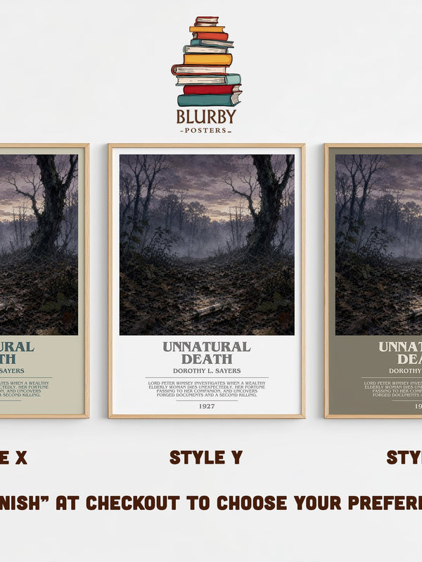Unnatural Death bookish print in frame leaning in hallway – mystery wall art