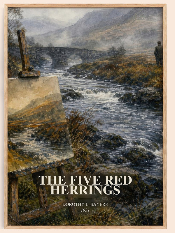 The Five Red Herrings watercolour book poster by Dorothy L. Sayers – framed literary art print