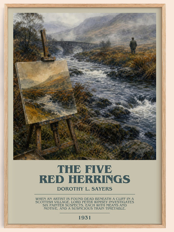 The Five Red Herrings bookish book poster by Dorothy L. Sayers – framed literary art print