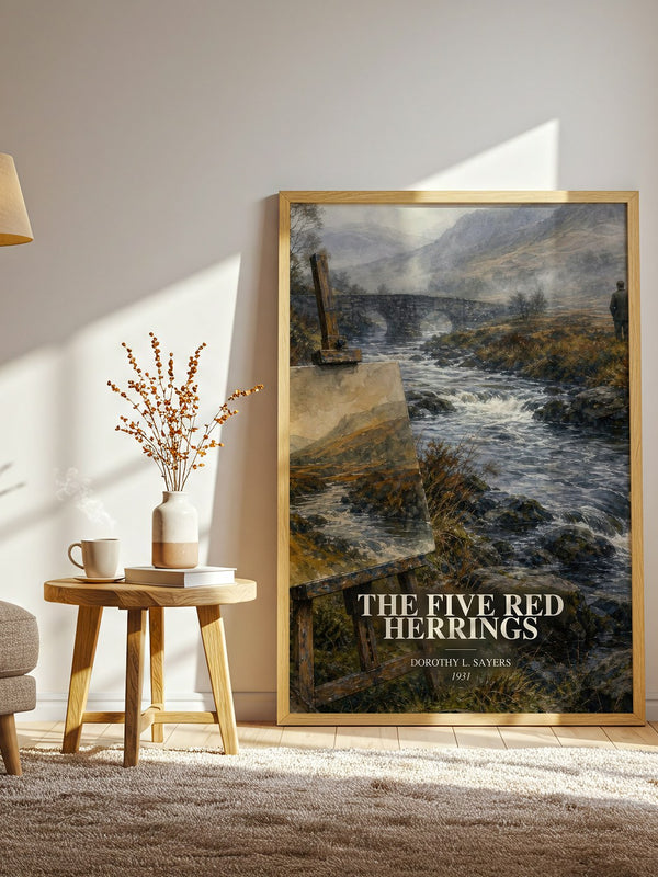 The Five Red Herrings watercolour print in frame leaning in hallway – mystery wall art