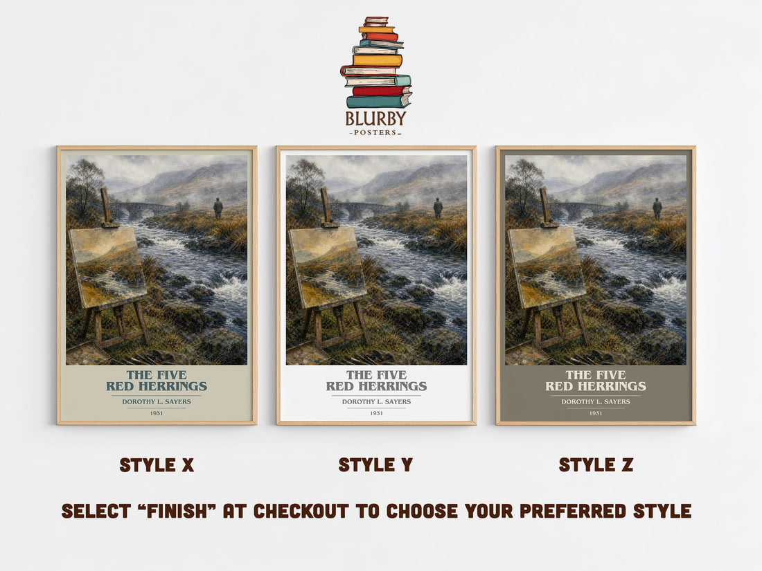 The Five Red Herrings book cover print in frame leaning in hallway – mystery wall art (mockup)