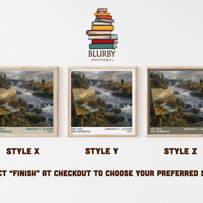 The Five Red Herrings literary print in frame leaning in hallway – mystery wall art