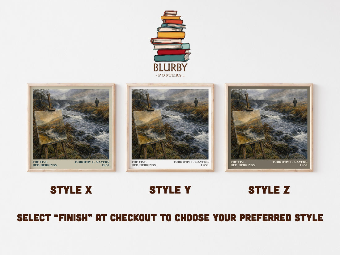 The Five Red Herrings literary print in frame leaning in hallway – mystery wall art (mockup)