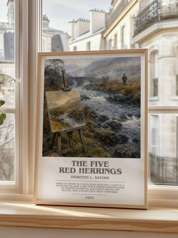 The Five Red Herrings bookish poster colour and style options – Dorothy L. Sayers book art