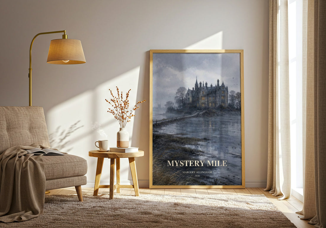 Mystery Mile watercolour print in frame leaning in hallway – mystery wall art (mockup)