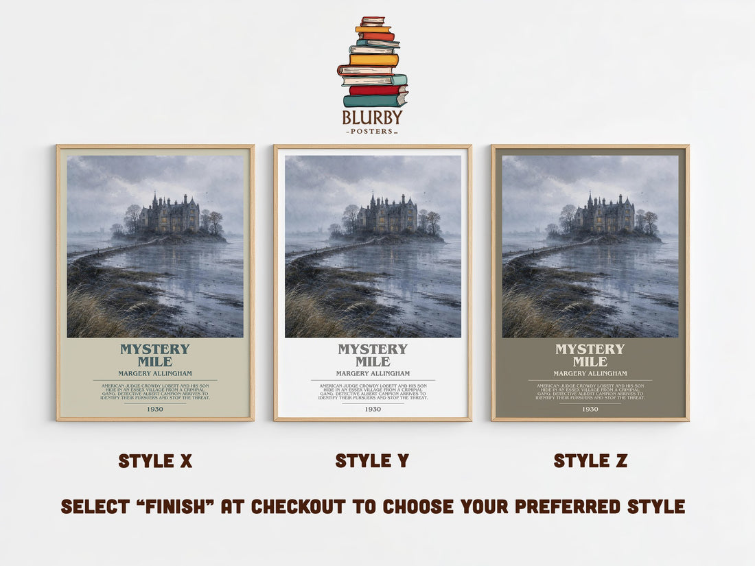 Mystery Mile bookish print in frame leaning in hallway – mystery wall art (mockup)