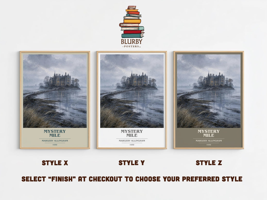 Mystery Mile book cover print in frame leaning in hallway – mystery wall art (mockup)