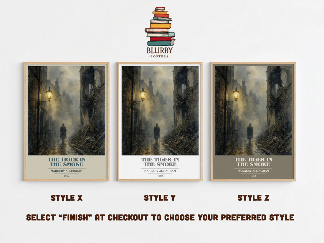 The Tiger in the Smoke book cover print in frame leaning in hallway – crime wall art (mockup)