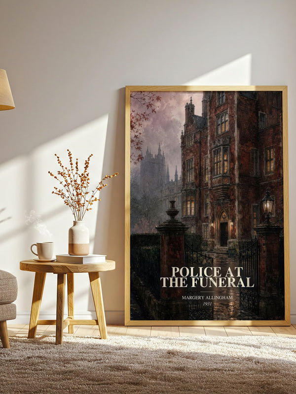 Police at the Funeral watercolour print in frame leaning in hallway – mystery wall art