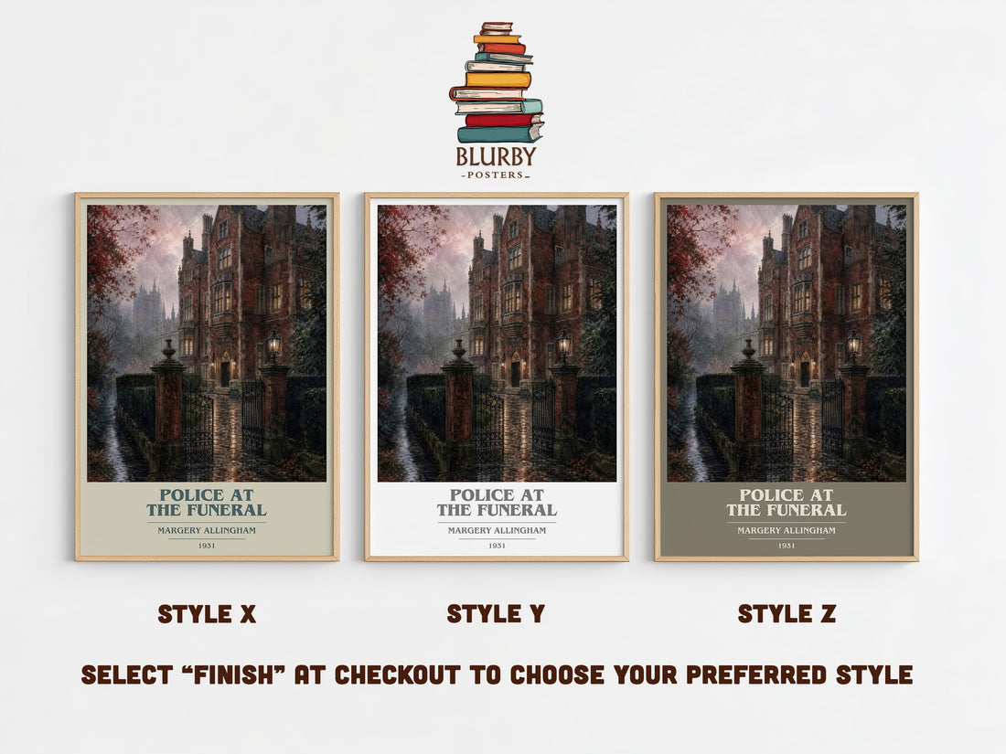 Police at the Funeral book cover print in frame leaning in hallway – mystery wall art (mockup)
