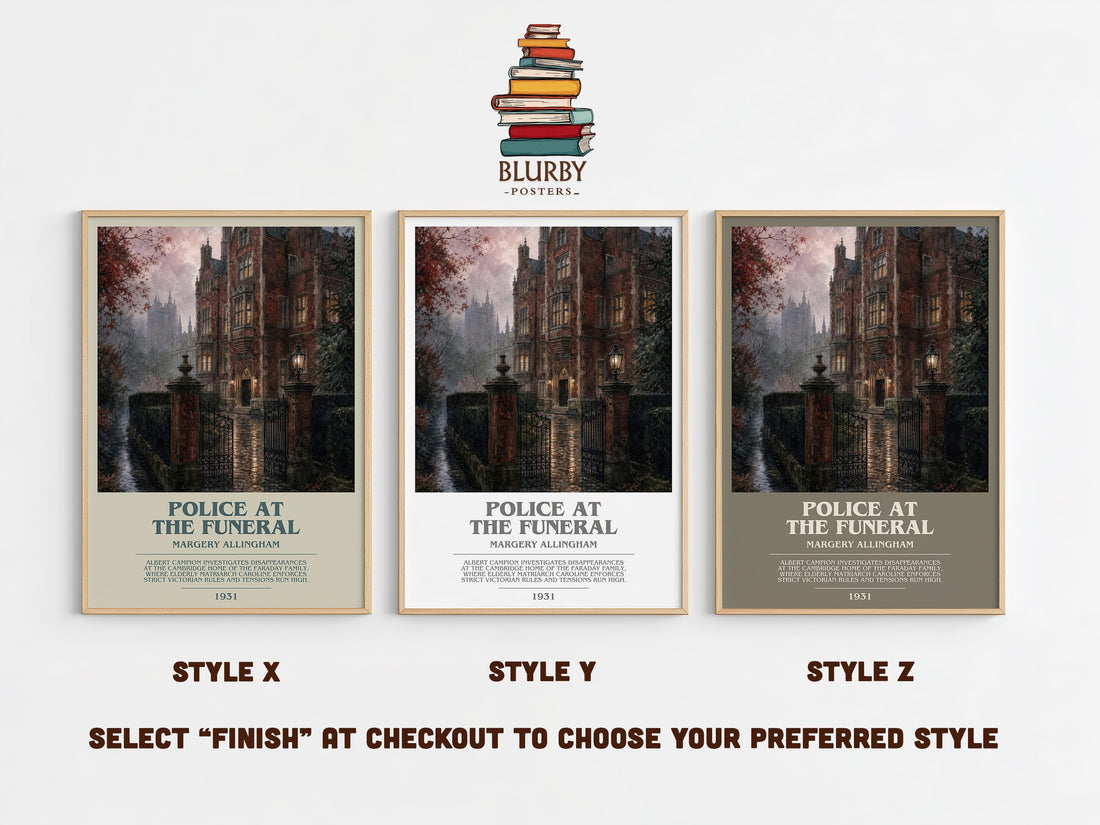 Police at the Funeral bookish print in frame leaning in hallway – mystery wall art (mockup)