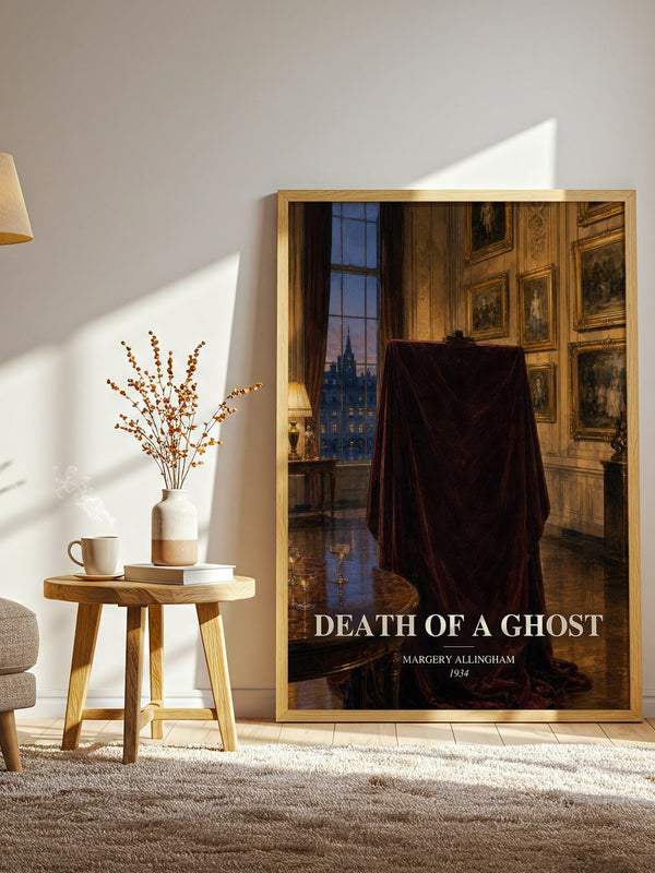 Death of a Ghost watercolour print in frame leaning in hallway – mystery wall art