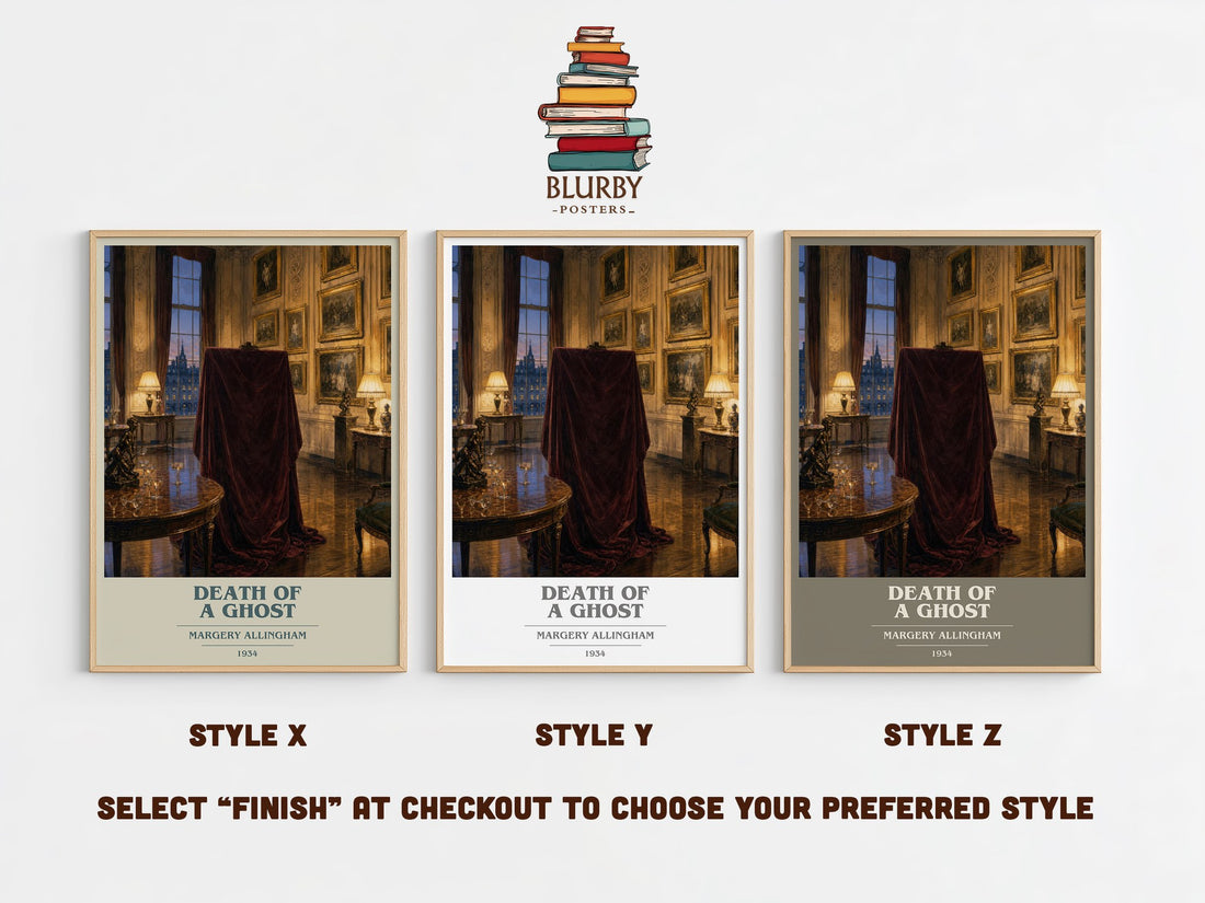 Death of a Ghost book cover print in frame leaning in hallway – mystery wall art (mockup)