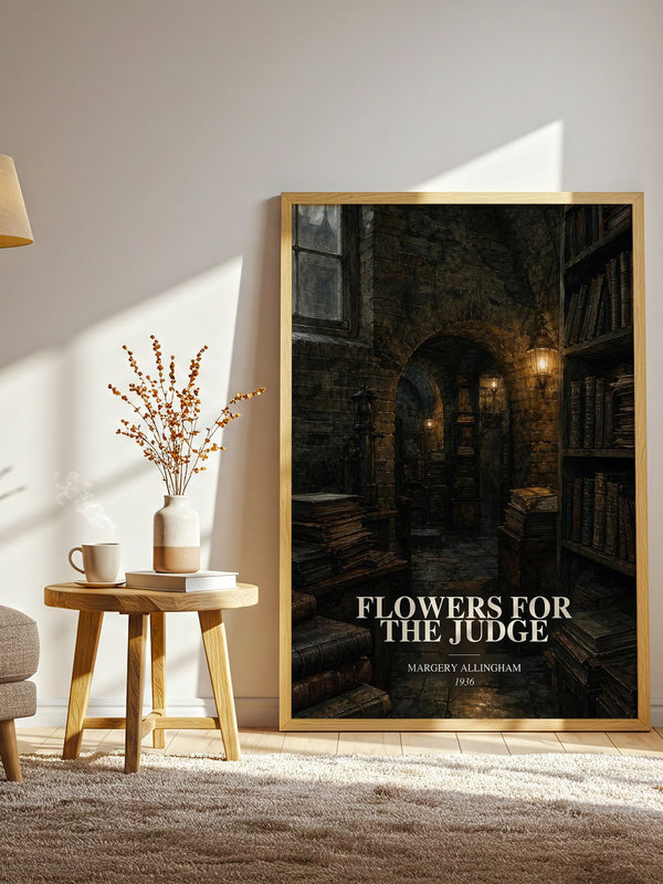 Flowers for the Judge watercolour print in frame leaning in hallway – mystery wall art