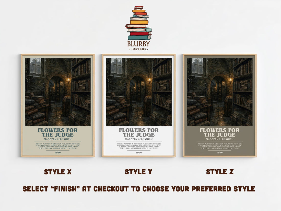 Flowers for the Judge bookish print in frame leaning in hallway – mystery wall art (mockup)