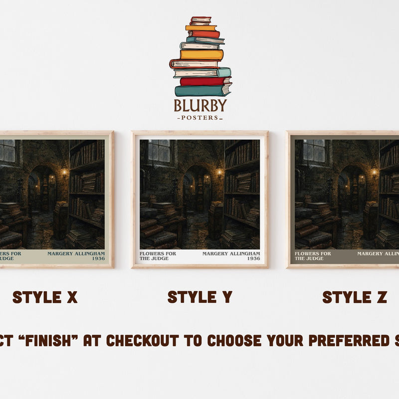 Flowers for the Judge literary print in frame leaning in hallway – mystery wall art