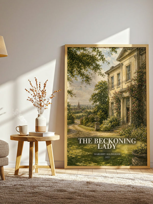 The Beckoning Lady watercolour print in frame leaning in hallway – mystery wall art