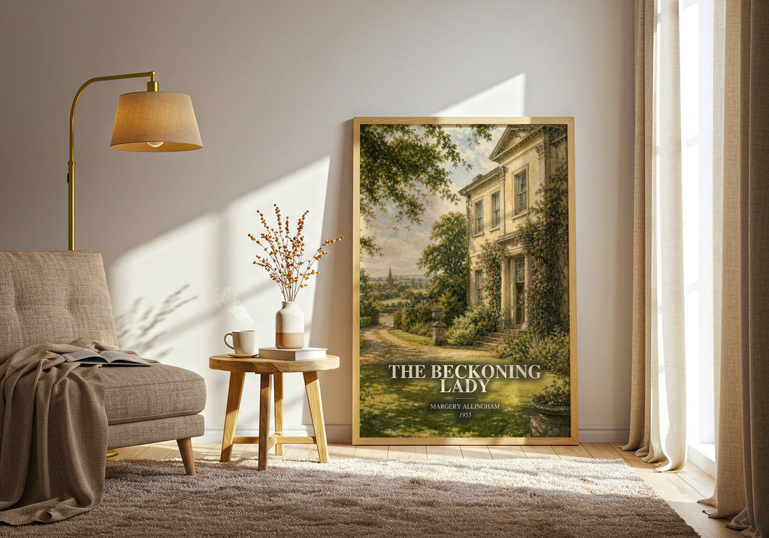 The Beckoning Lady watercolour print in frame leaning in hallway – mystery wall art (mockup)