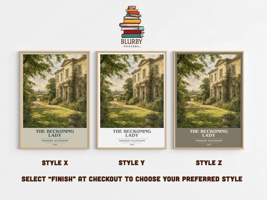 The Beckoning Lady book cover print in frame leaning in hallway – mystery wall art (mockup)