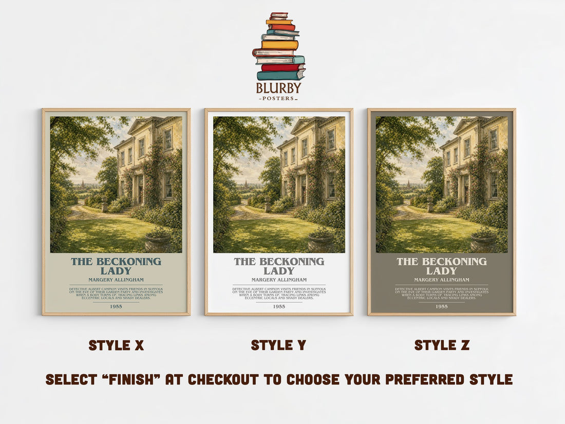 The Beckoning Lady bookish print in frame leaning in hallway – mystery wall art (mockup)