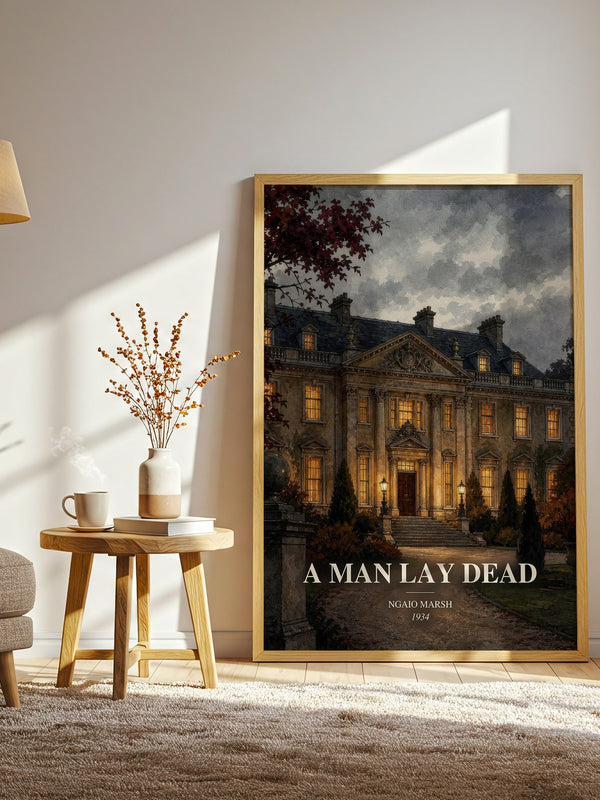 A Man Lay Dead watercolour print in frame leaning in hallway – mystery wall art