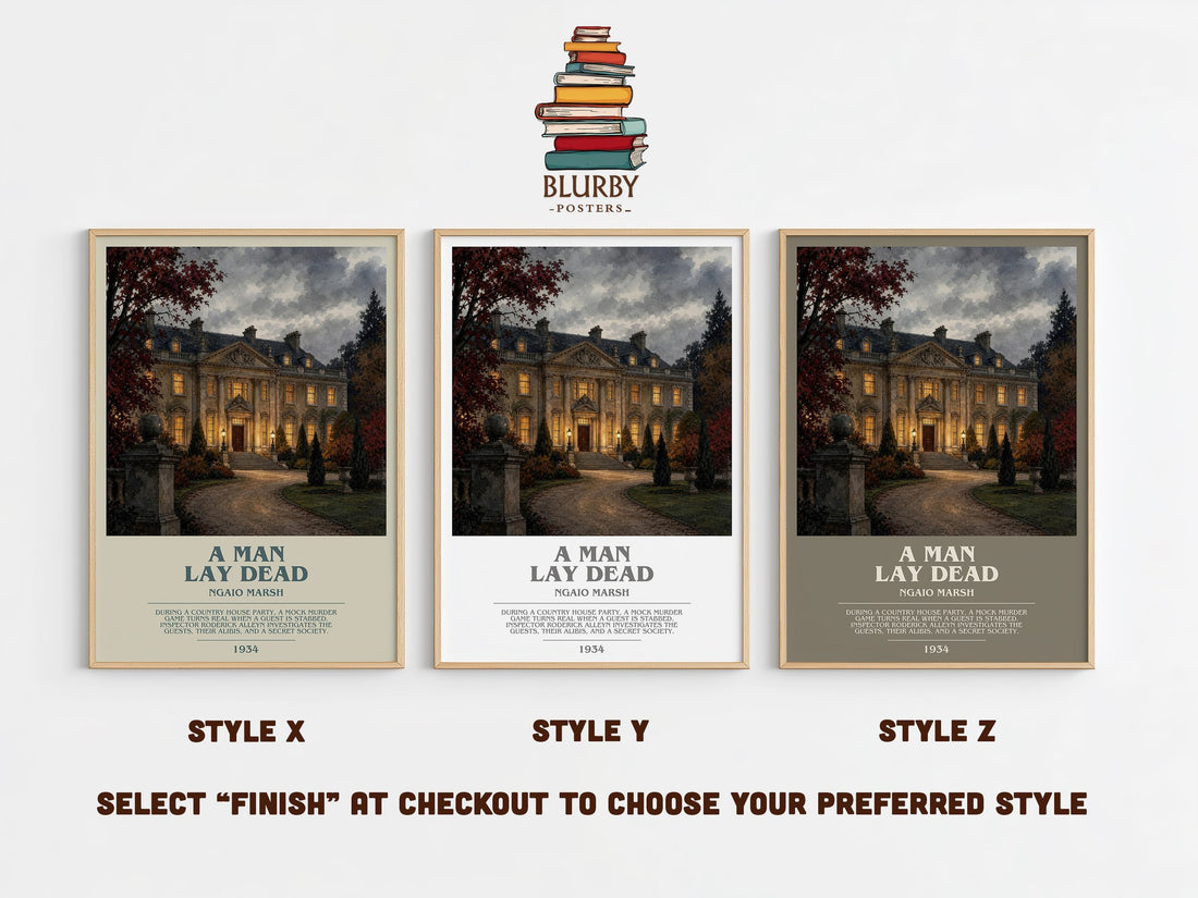 A Man Lay Dead bookish print in frame leaning in hallway – mystery wall art (mockup)