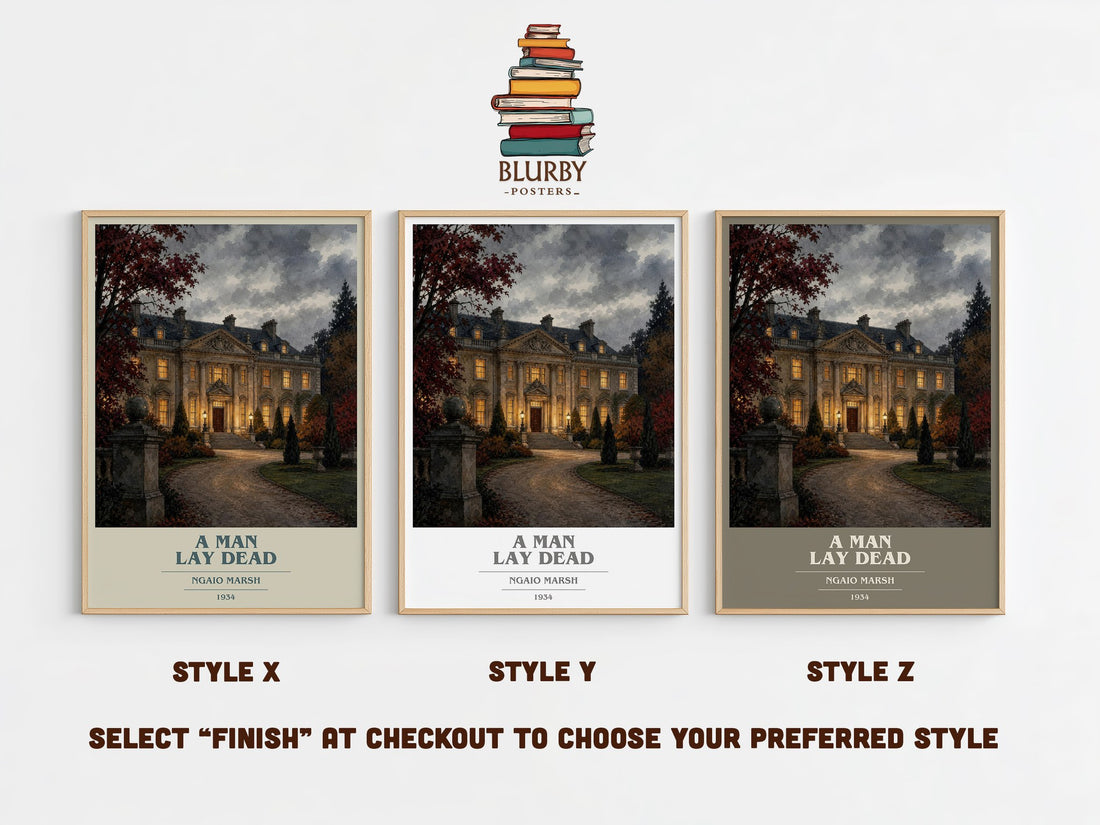 A Man Lay Dead book cover print in frame leaning in hallway – mystery wall art (mockup)