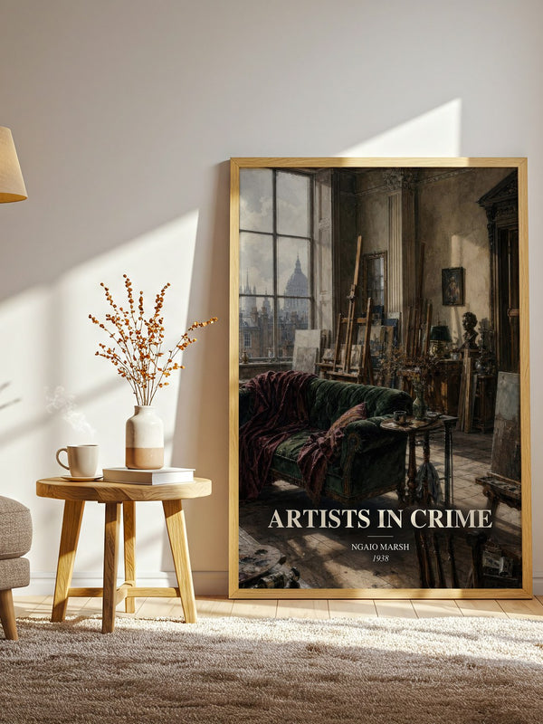 Artists in Crime watercolour print in frame leaning in hallway – mystery wall art