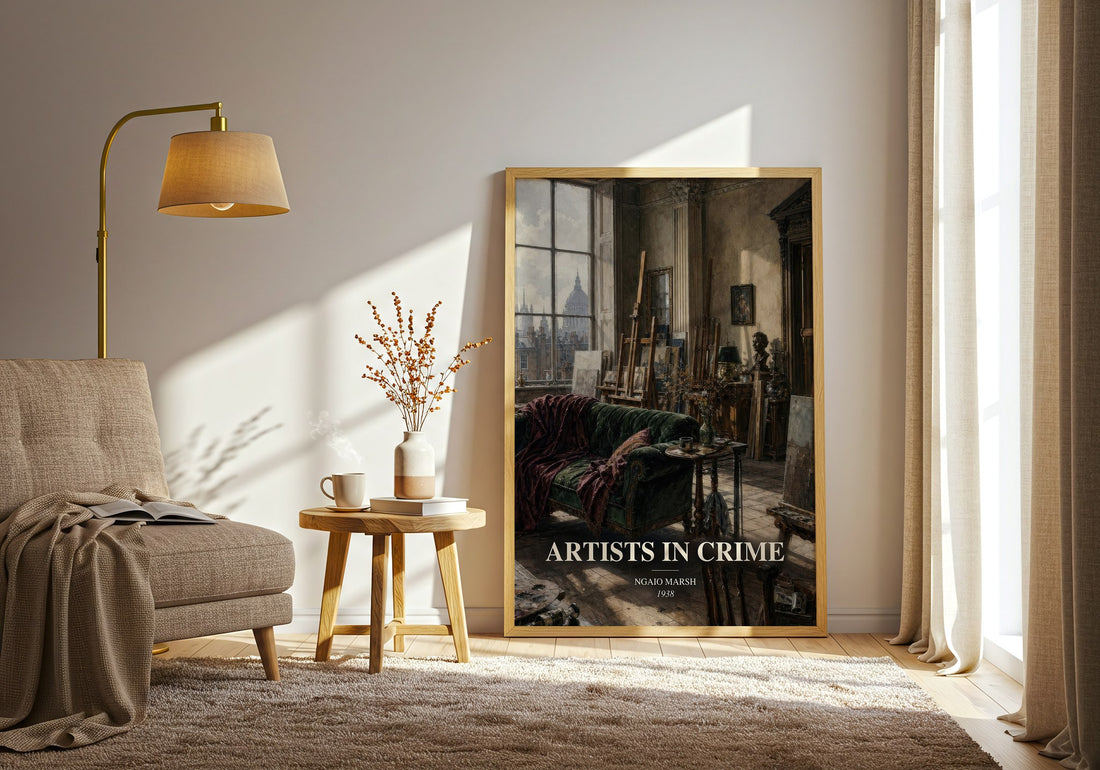 Artists in Crime watercolour print in frame leaning in hallway – mystery wall art (mockup)