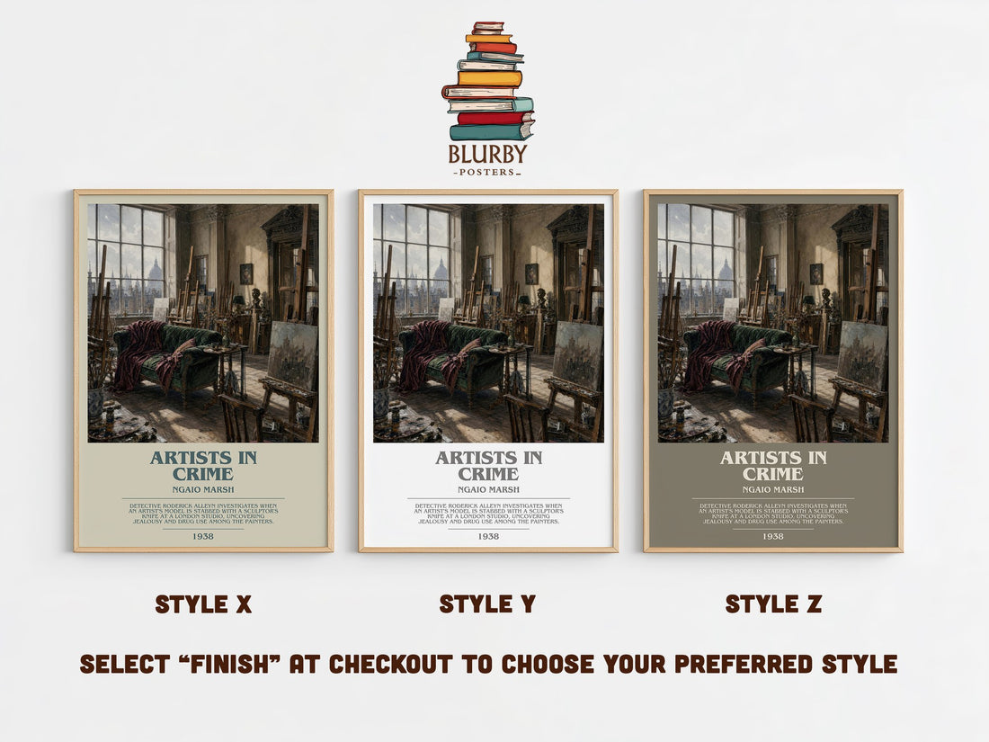 Artists in Crime bookish print in frame leaning in hallway – mystery wall art (mockup)