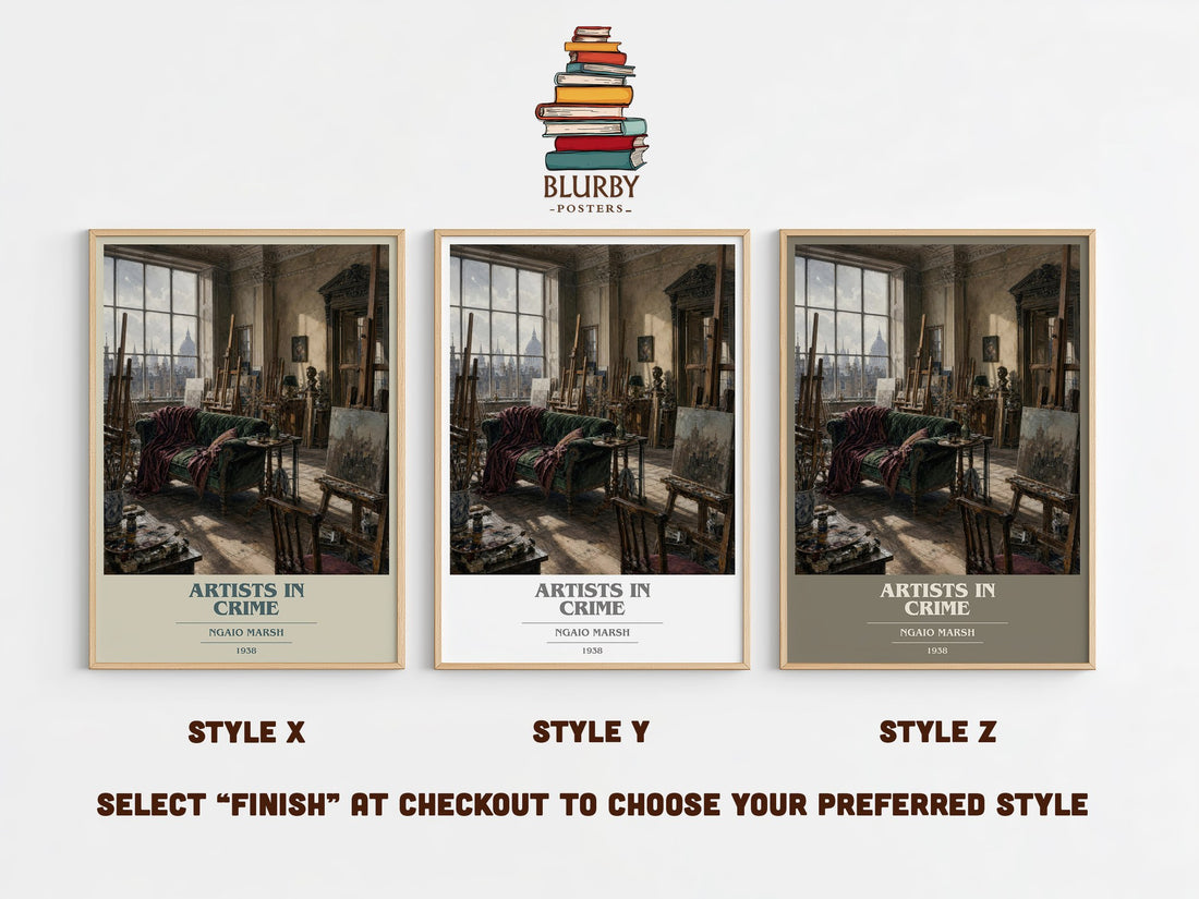 Artists in Crime book cover print in frame leaning in hallway – mystery wall art (mockup)