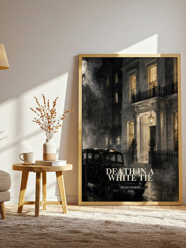 Death in a White Tie watercolour print in frame leaning in hallway – mystery wall art