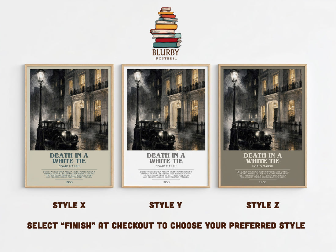 Death in a White Tie bookish print in frame leaning in hallway – mystery wall art (mockup)