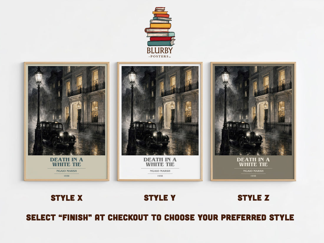 Death in a White Tie book cover print in frame leaning in hallway – mystery wall art (mockup)
