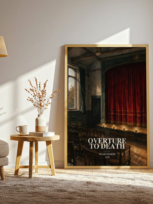Overture to Death watercolour print in frame leaning in hallway – mystery wall art