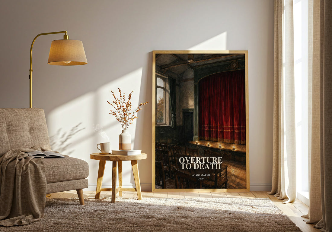 Overture to Death watercolour print in frame leaning in hallway – mystery wall art (mockup)