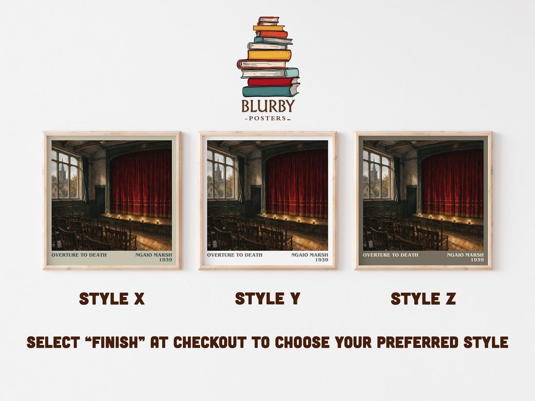 Overture to Death literary print in frame leaning in hallway – mystery wall art (mockup)