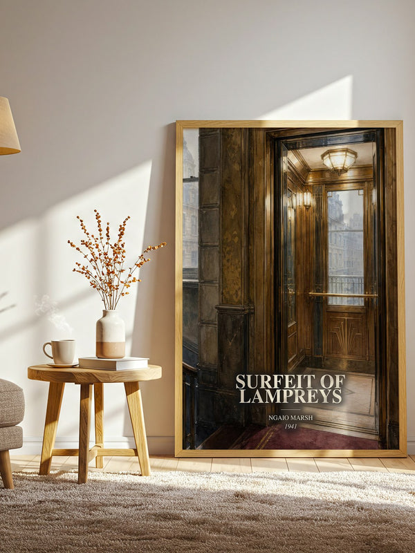 Surfeit of Lampreys watercolour print in frame leaning in hallway – mystery wall art