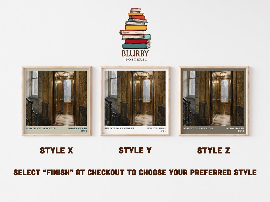 Surfeit of Lampreys literary print in frame leaning in hallway – mystery wall art (mockup)