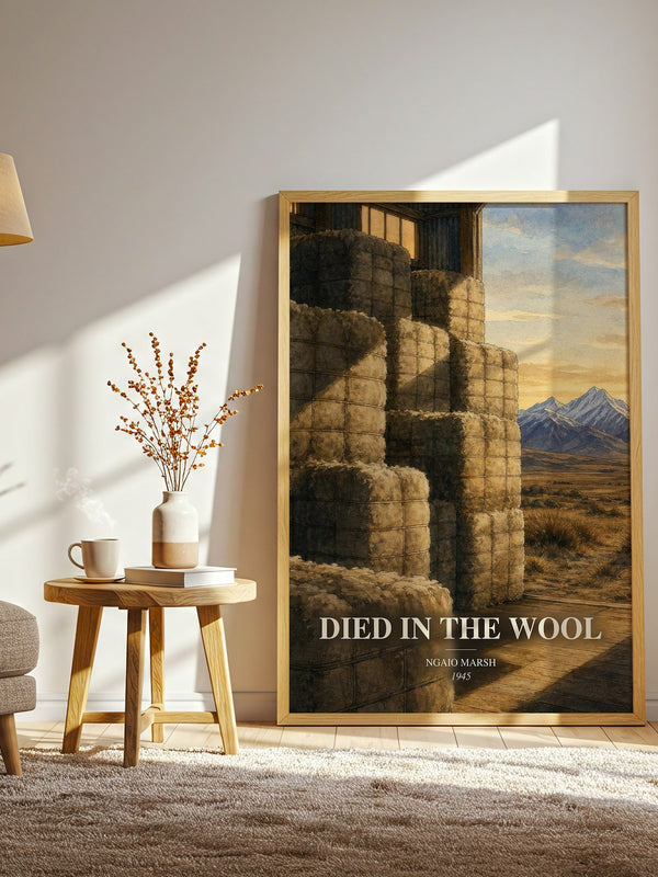 Died in the Wool watercolour print in frame leaning in hallway – mystery wall art