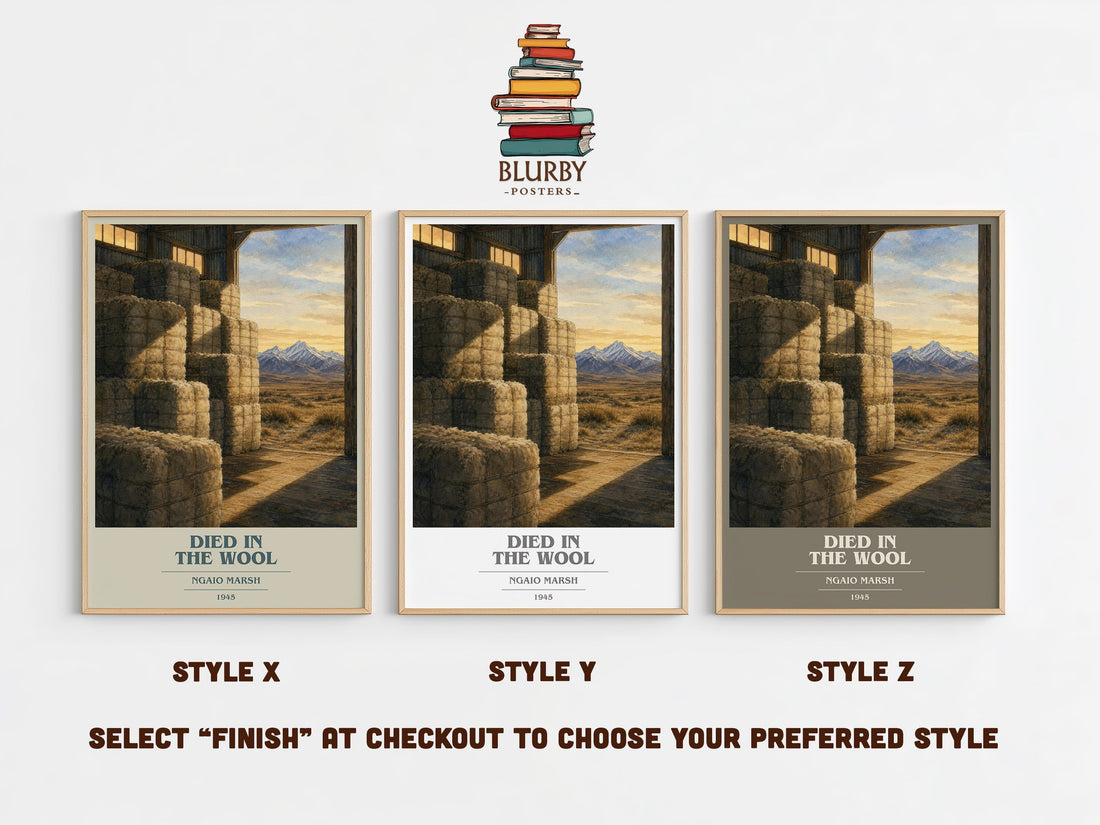 Died in the Wool book cover print in frame leaning in hallway – mystery wall art (mockup)